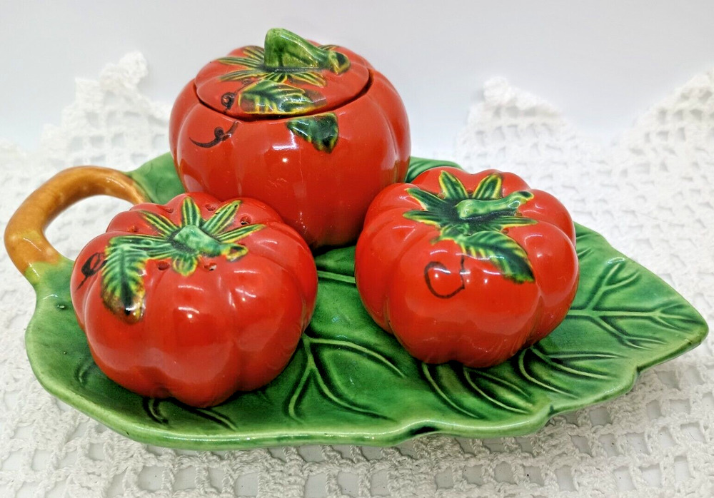 Occupied Japan Tomatoes Salt & Pepper and Condiment Container Leaf Tray Vintage